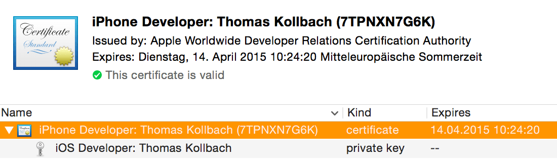 iOS Developer Certificate in the OS X keychain