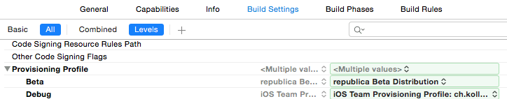 Project settings for selecting the provisioning profile